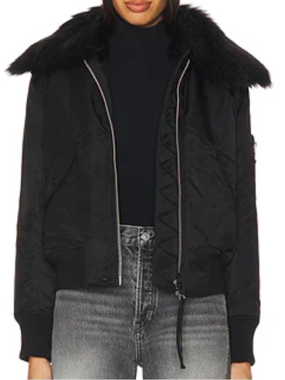 SAM. New York Carly Shearling Trimmed Flight Black Bomber Jacket Size S
